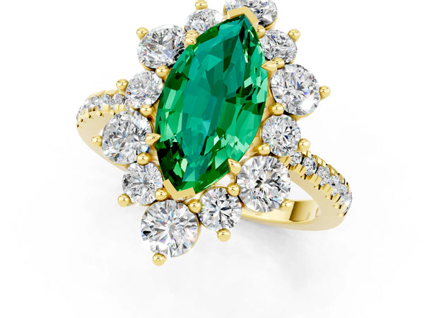 Yellow gold Marquise Cut Emerald Floral Halo Ring with Round Pavé Band and Prong Setting