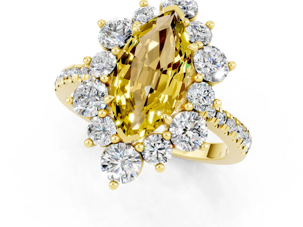 Yellow gold Marquise Cut Yellow Sapphire Floral Halo Ring with Round Pavé Band and Prong Setting
