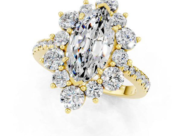 Yellow gold Marquise Cut Moissanite Floral Halo Ring with Round Pavé Band and Prong Setting