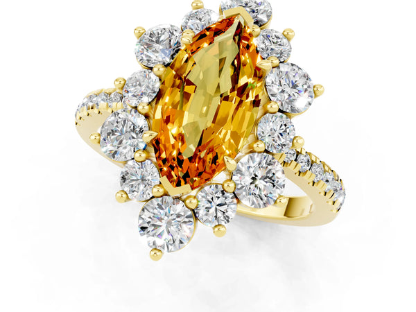 Yellow gold Marquise Cut Citrine Floral Halo Ring with Round Pavé Band and Prong Setting