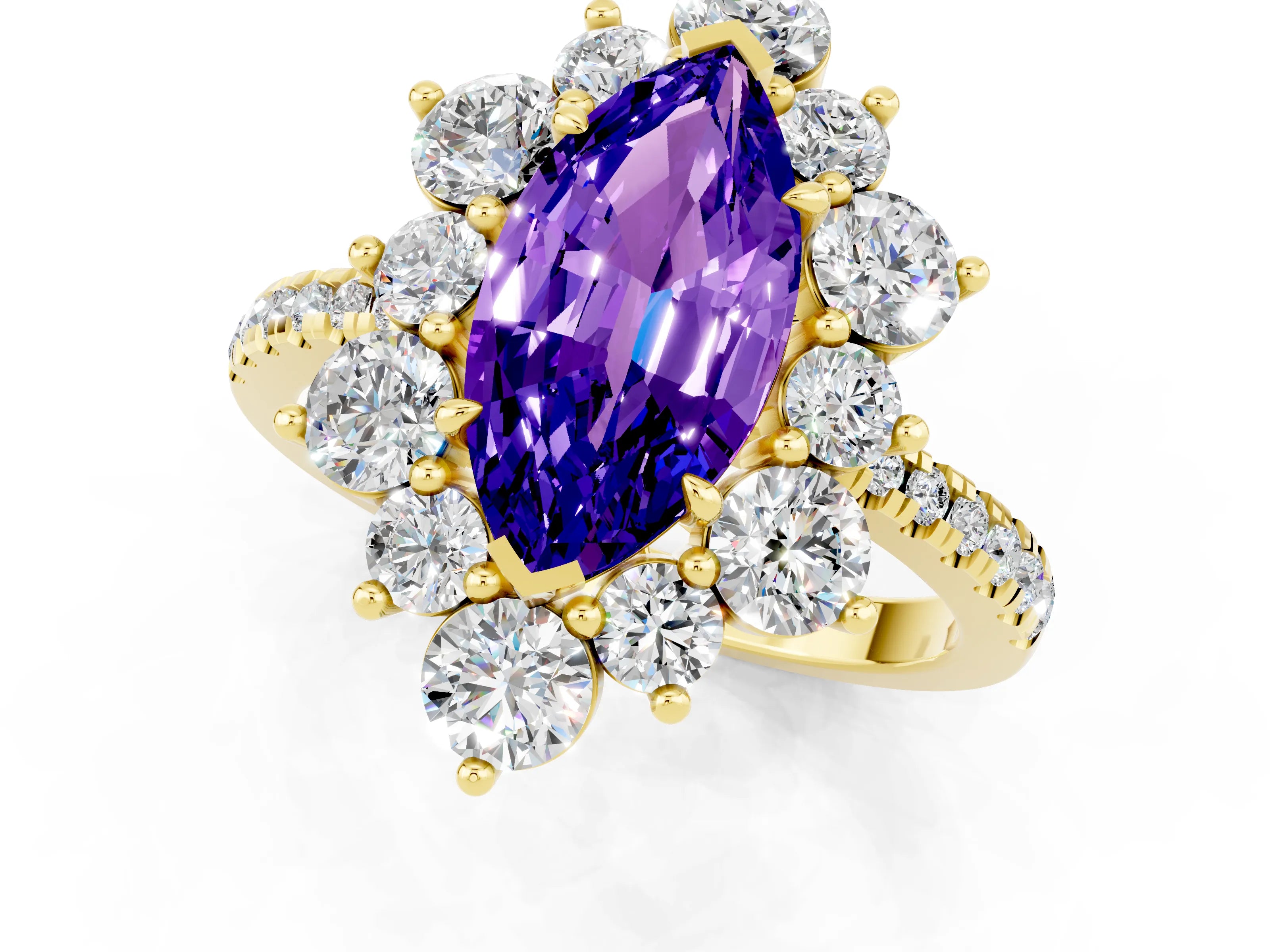 Yellow gold Marquise Cut Cut Diamond Floral Halo Pave Band with Prong Setting_1
