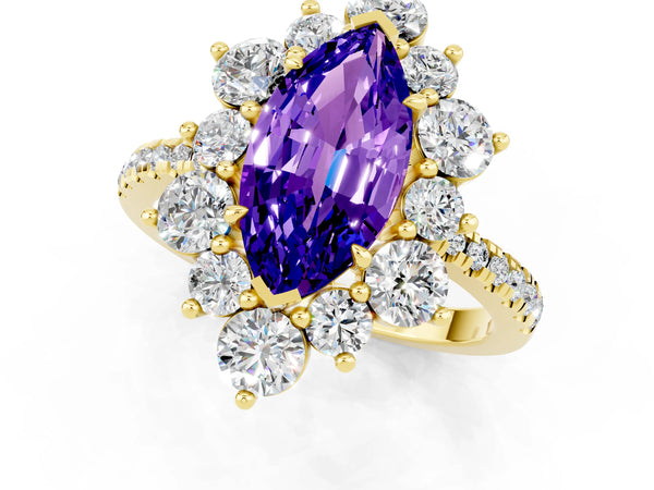 Yellow gold Marquise Cut Tanzanite Floral Halo Ring with Round Pavé Band and Prong Setting