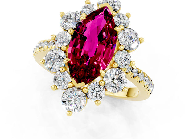 Yellow gold Marquise Cut Garnet Floral Halo Ring with Round Pavé Band and Prong Setting