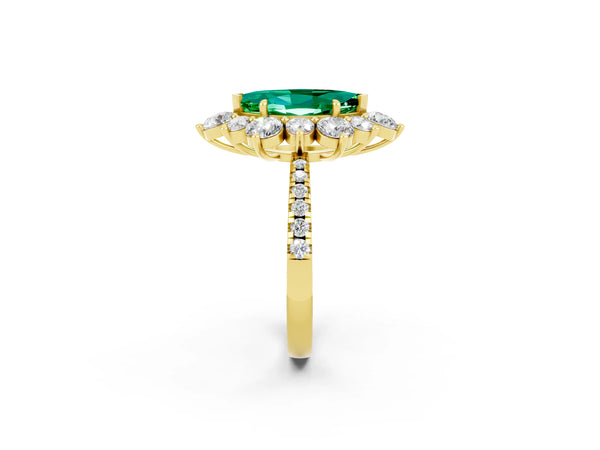 Yellow gold Marquise Cut Emerald Floral Halo Ring with Round Pavé Band and Prong Setting