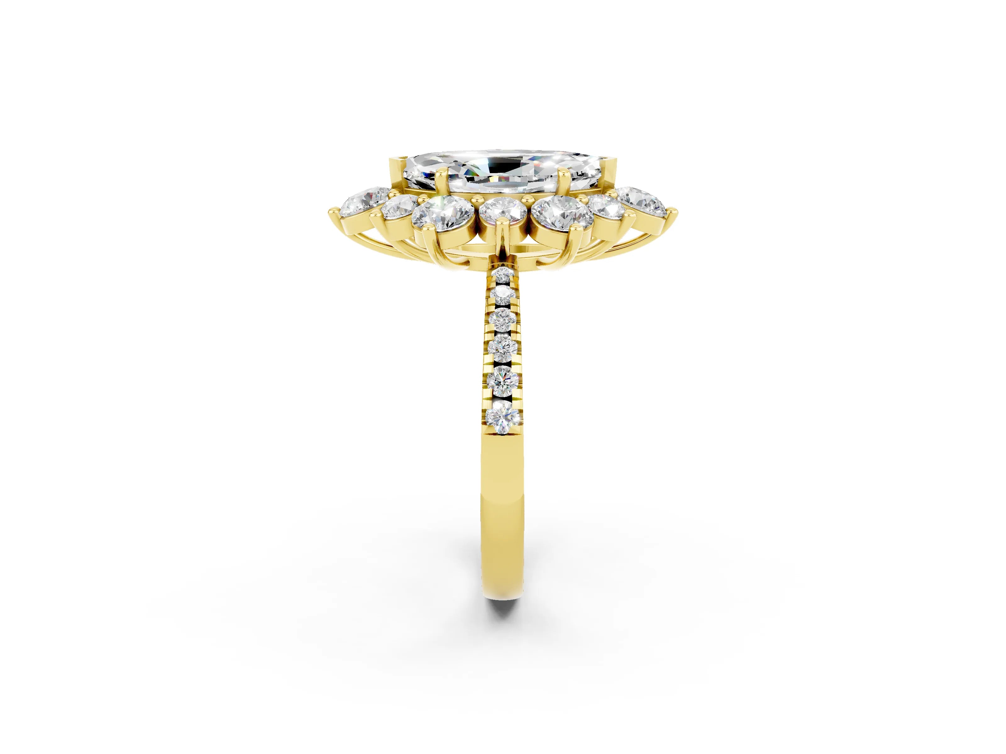 Yellow gold Marquise Cut Cut Diamond Floral Halo Pave Band with Prong Setting_2