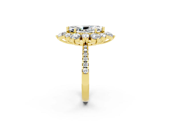 Yellow gold Marquise Cut Moissanite Floral Halo Ring with Round Pavé Band and Prong Setting