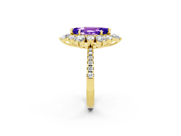 Yellow gold Marquise Cut Tanzanite Floral Halo Ring with Round Pavé Band and Prong Setting