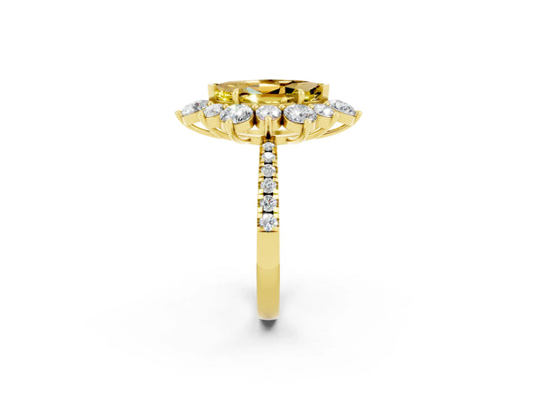 Yellow gold Marquise Cut Yellow Sapphire Floral Halo Ring with Round Pavé Band and Prong Setting