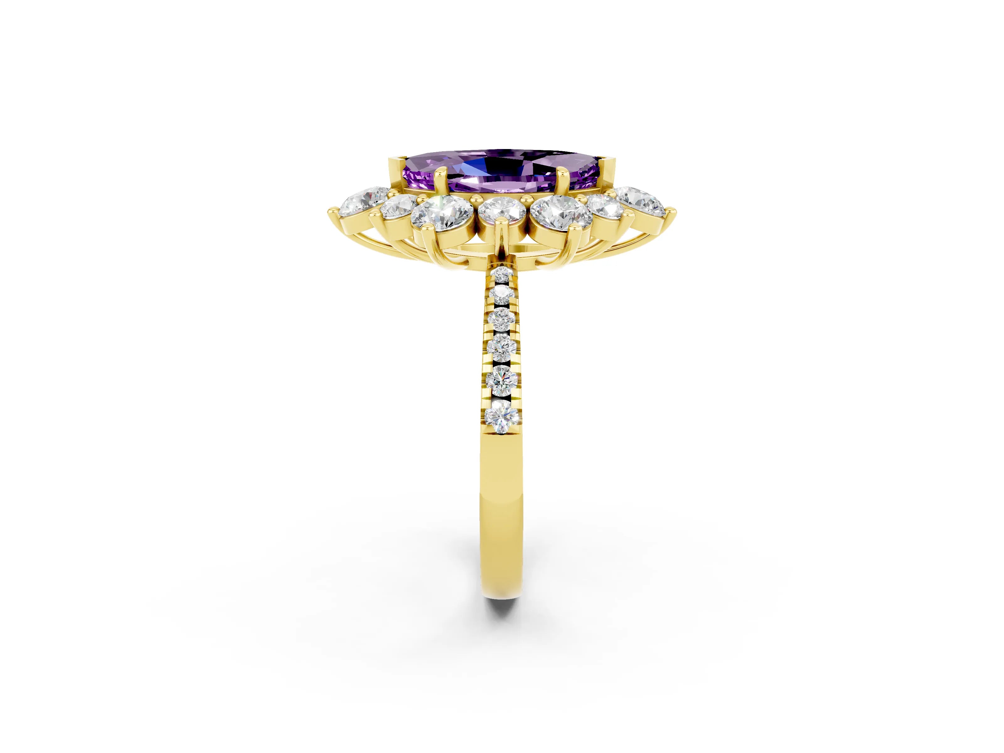 Yellow gold Marquise Cut Cut Diamond Floral Halo Pave Band with Prong Setting_2