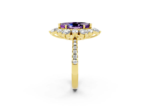 Yellow gold Marquise Cut Amethyst Floral Halo Ring with Round Pavé Band and Prong Setting