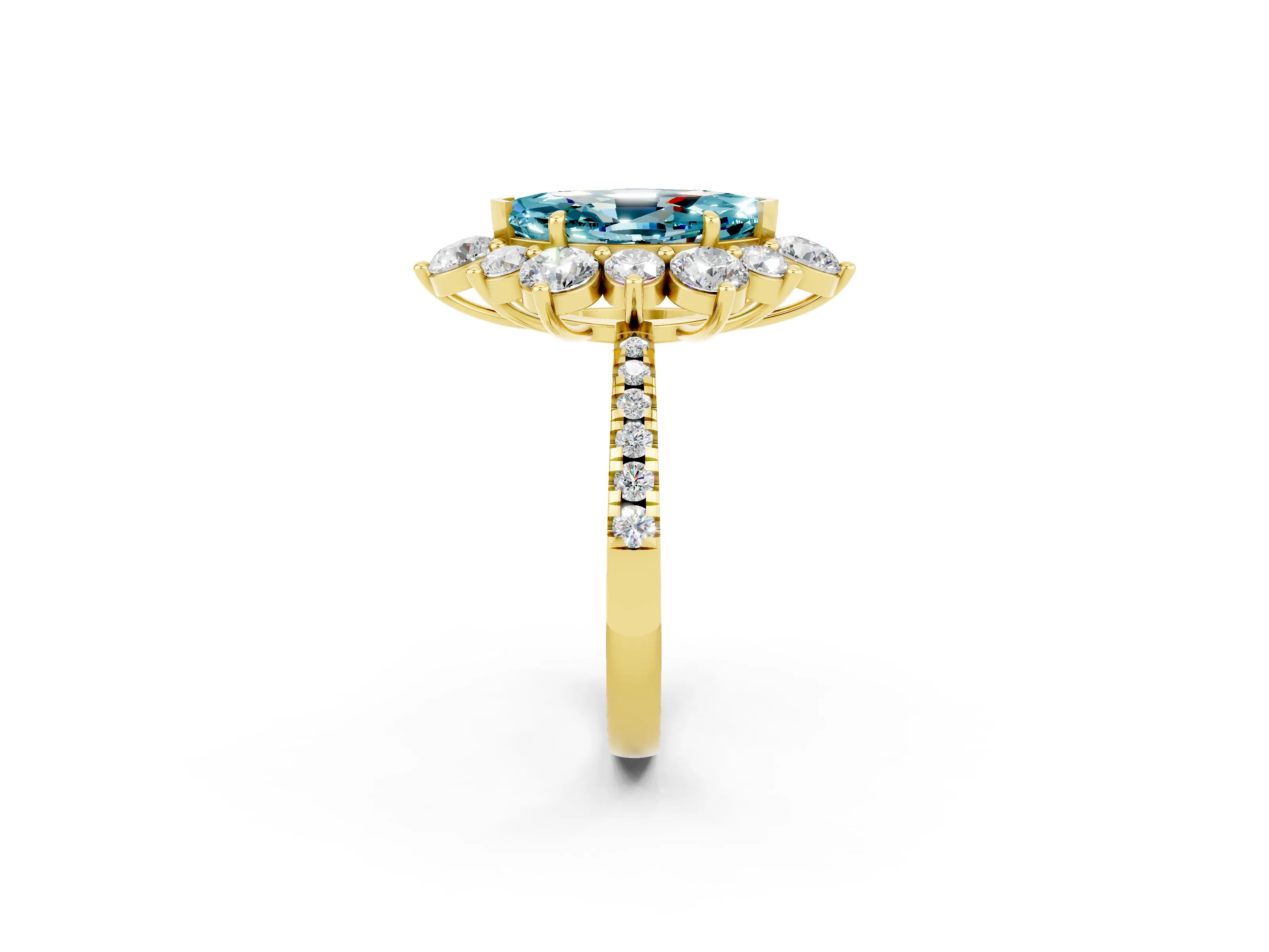 Yellow gold Marquise Cut Cut Diamond Floral Halo Pave Band with Prong Setting_2