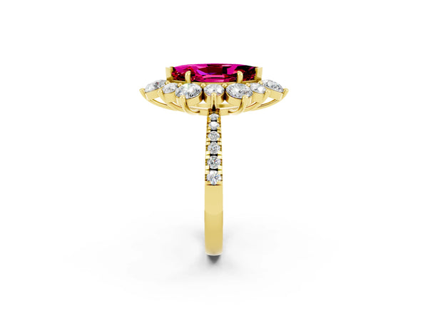 Yellow gold Marquise Cut Garnet Floral Halo Ring with Round Pavé Band and Prong Setting