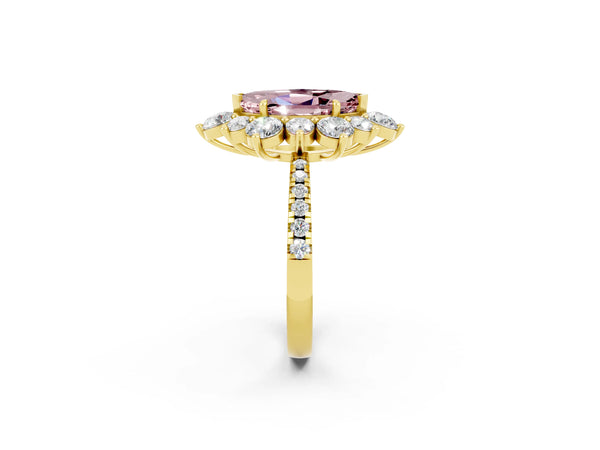 Yellow gold Marquise Cut Cut Diamond Floral Halo Pave Band with Prong Setting