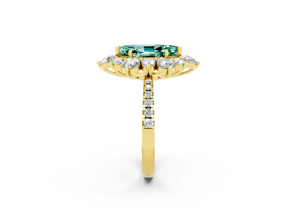Yellow gold Marquise Cut Green Sapphire Floral Halo Ring with Round Pavé Band and Prong Setting