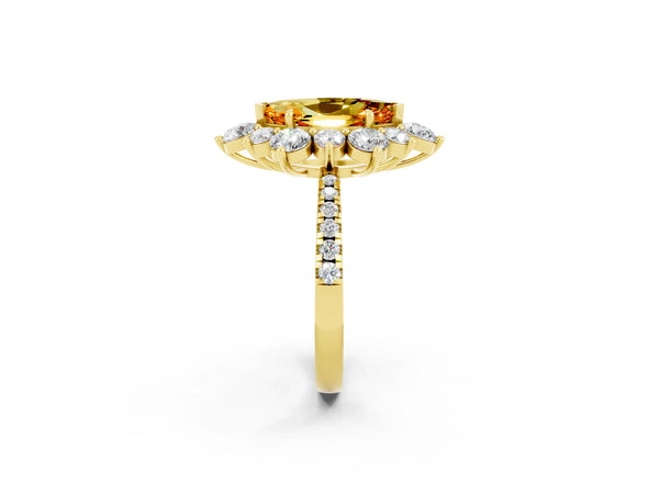 Yellow gold Marquise Cut Citrine Floral Halo Ring with Round Pavé Band and Prong Setting