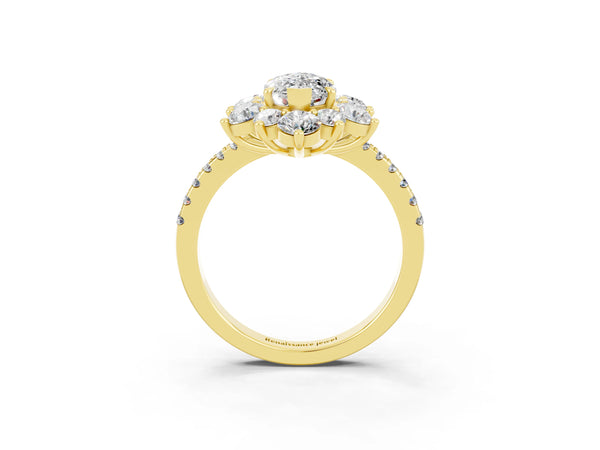 Yellow gold Marquise Cut Moissanite Floral Halo Ring with Round Pavé Band and Prong Setting