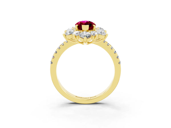 Yellow gold Marquise Cut Garnet Floral Halo Ring with Round Pavé Band and Prong Setting