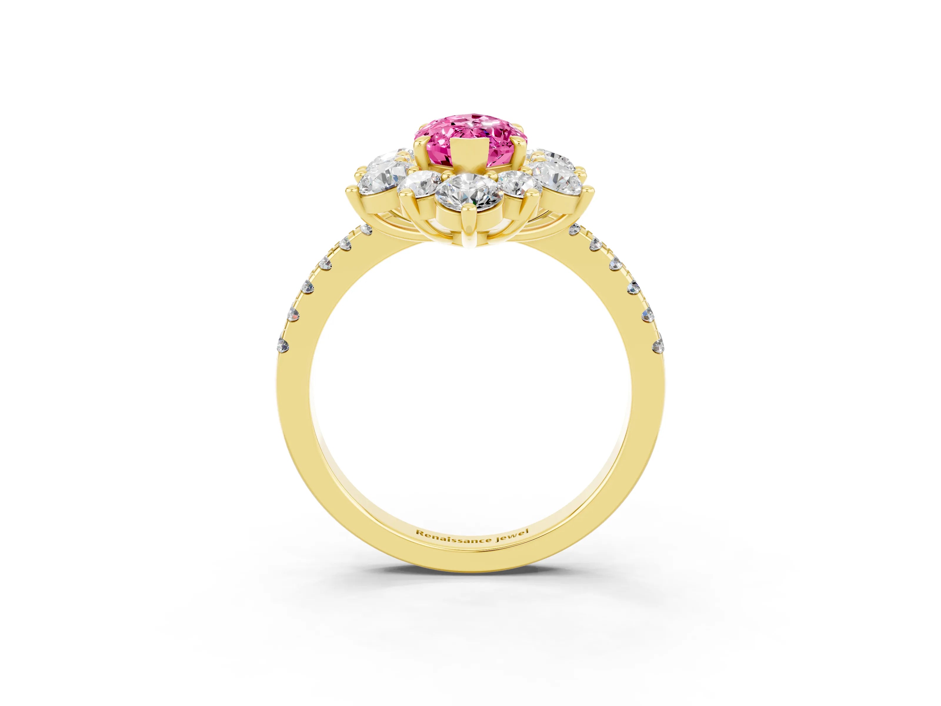 Yellow gold Marquise Cut Cut Diamond Floral Halo Pave Band with Prong Setting_3