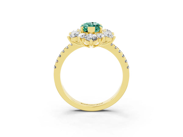 Yellow gold Marquise Cut Green Sapphire Floral Halo Ring with Round Pavé Band and Prong Setting