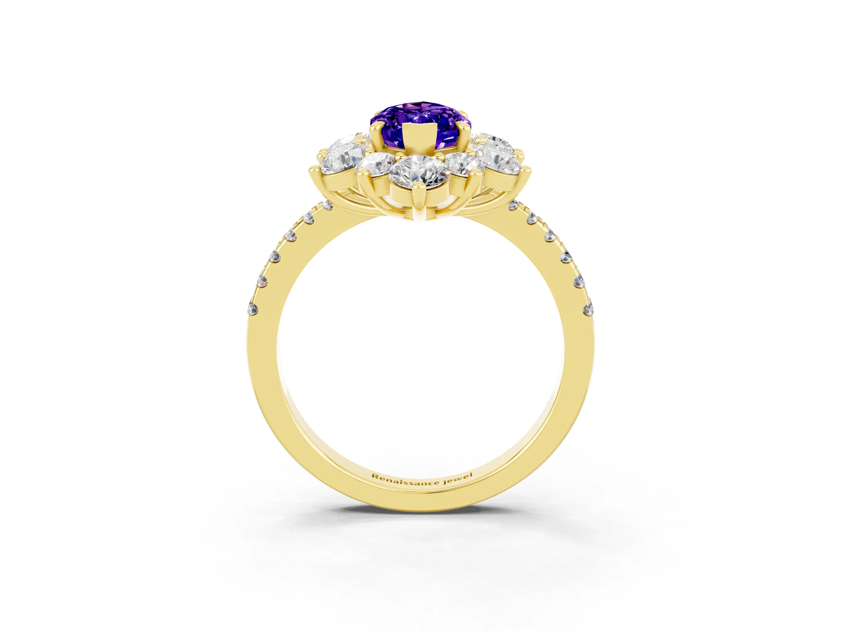 Yellow gold Marquise Cut Cut Diamond Floral Halo Pave Band with Prong Setting_3