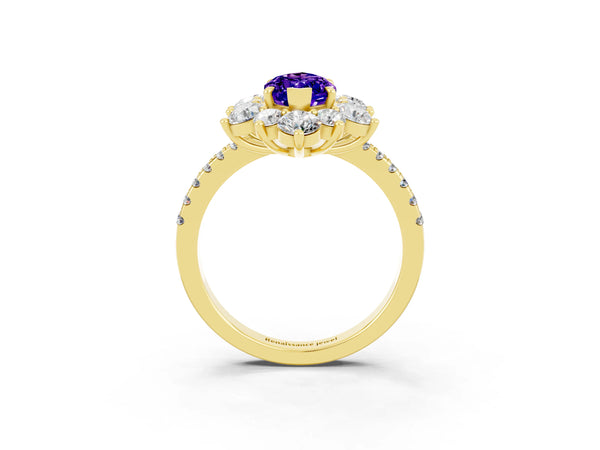 Yellow gold Marquise Cut Tanzanite Floral Halo Ring with Round Pavé Band and Prong Setting