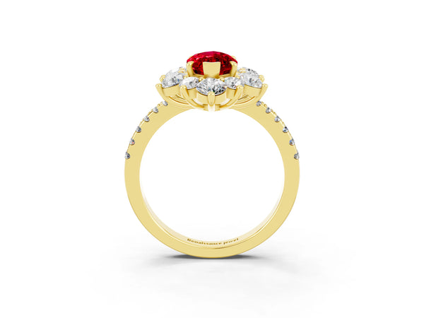 Yellow gold Marquise Cut Ruby Floral Halo Ring with Round Pavé Band and Prong Setting