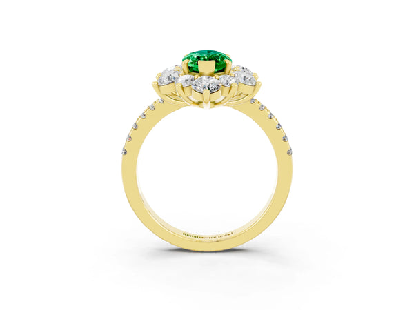 Yellow gold Marquise Cut Emerald Floral Halo Ring with Round Pavé Band and Prong Setting