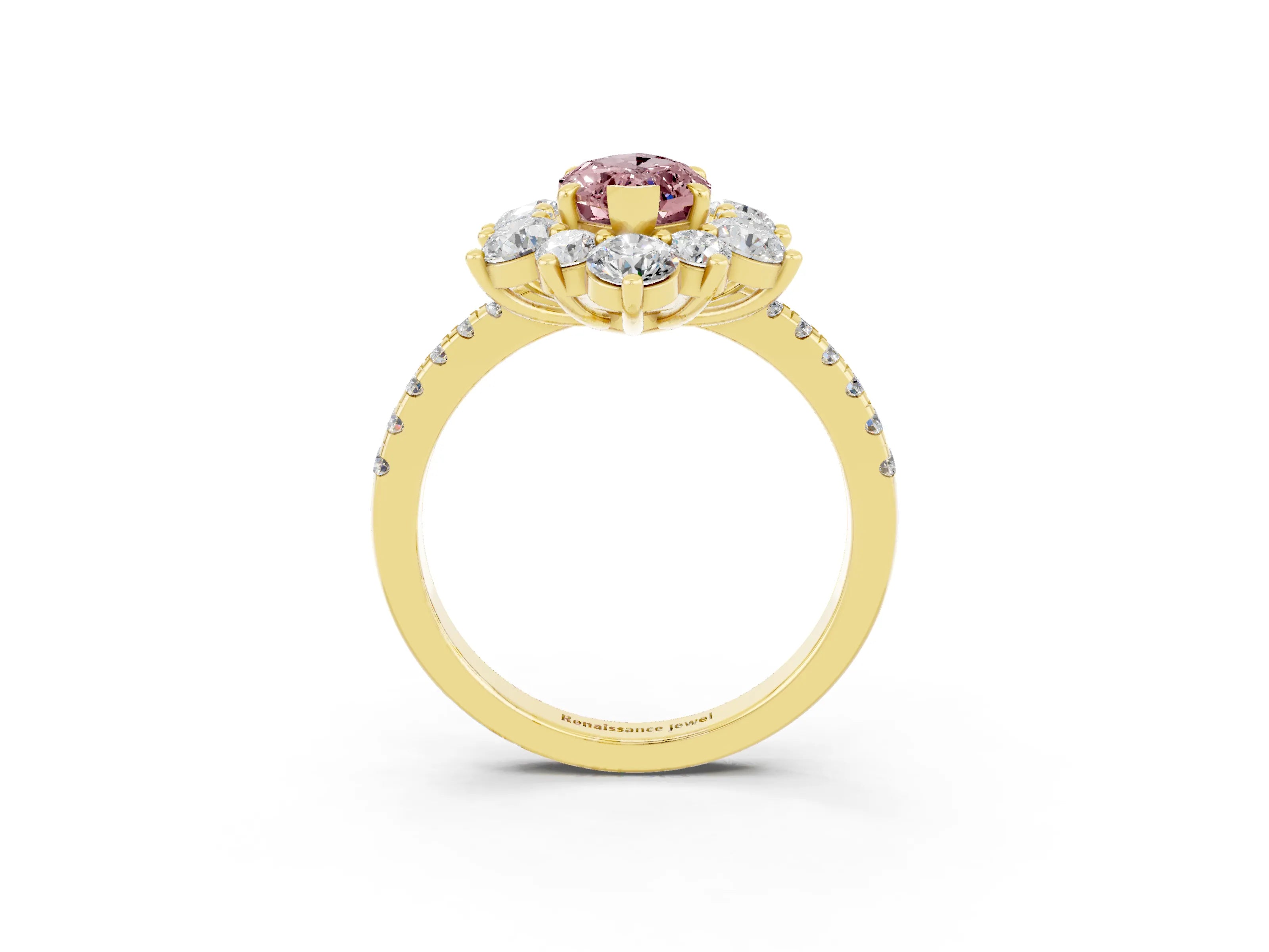 Yellow gold Marquise Cut Cut Diamond Floral Halo Pave Band with Prong Setting_3