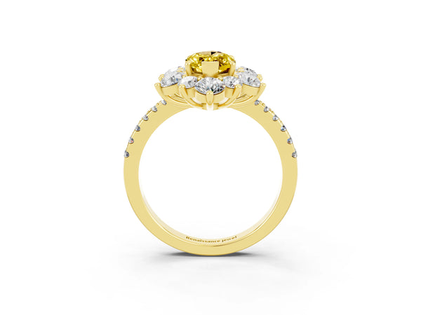 Yellow gold Marquise Cut Yellow Sapphire Floral Halo Ring with Round Pavé Band and Prong Setting