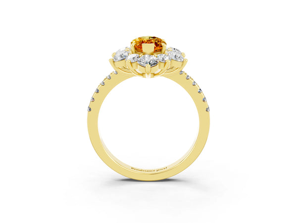 Yellow gold Marquise Cut Citrine Floral Halo Ring with Round Pavé Band and Prong Setting