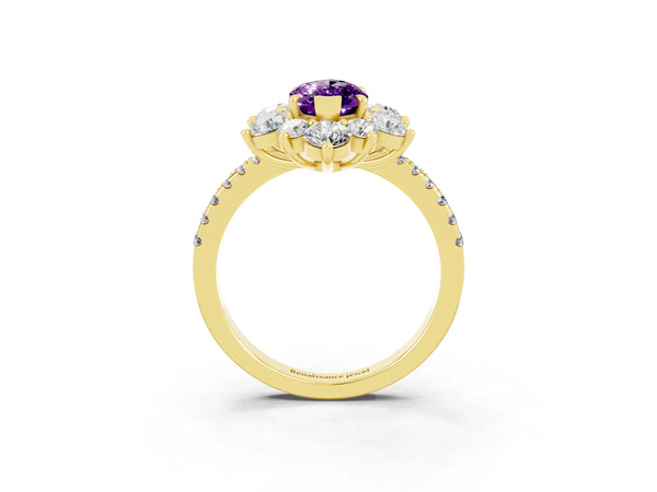 Yellow gold Marquise Cut Amethyst Floral Halo Ring with Round Pavé Band and Prong Setting