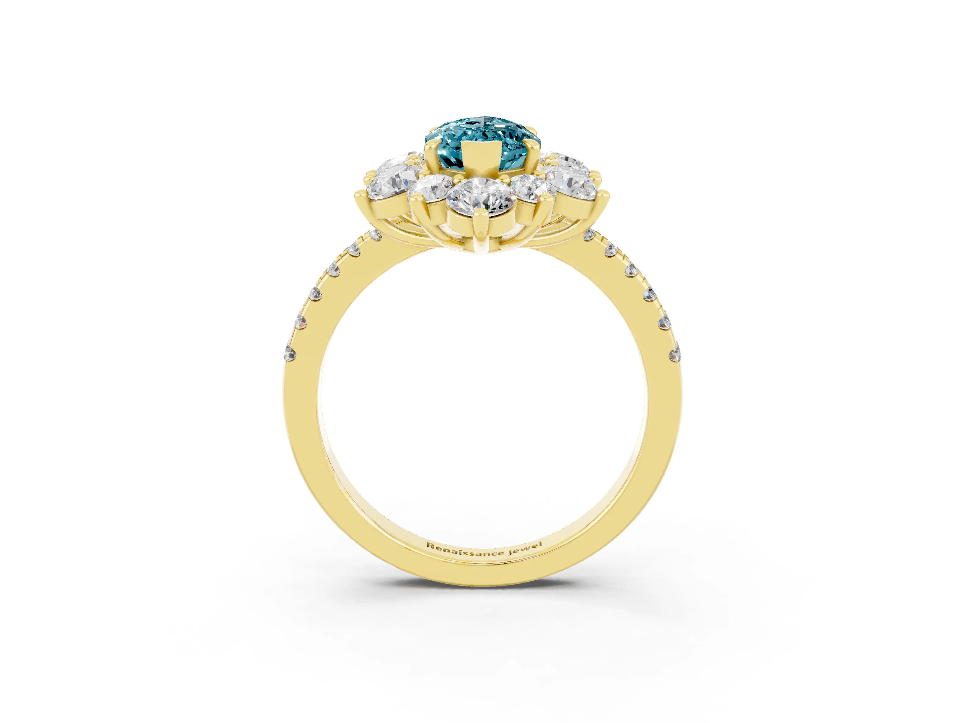 Yellow gold Marquise Cut Cut Diamond Floral Halo Pave Band with Prong Setting_3