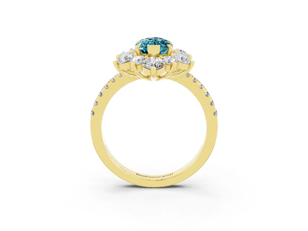 Yellow gold Marquise Cut Cut Diamond Floral Halo Pave Band with Prong Setting