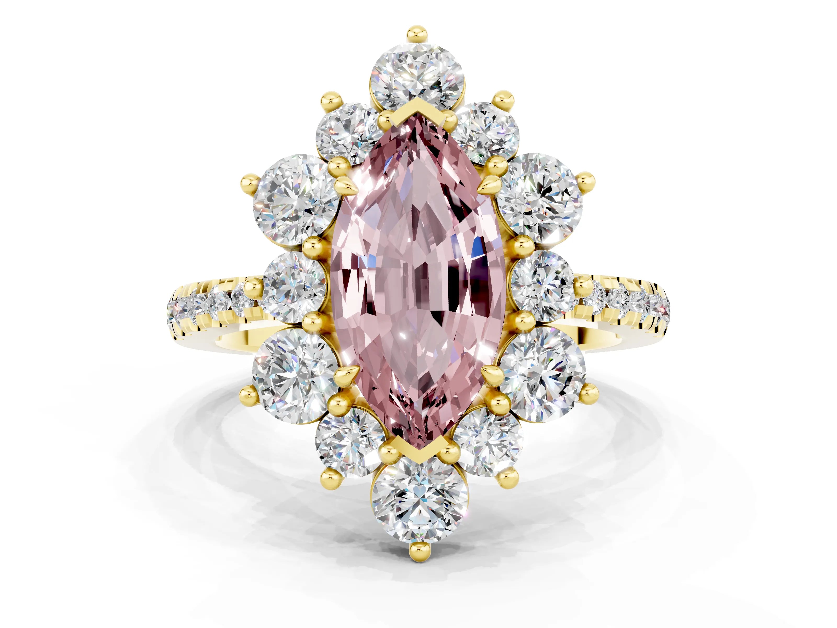 Yellow gold Marquise Cut Cut Diamond Floral Halo Pave Band with Prong Setting