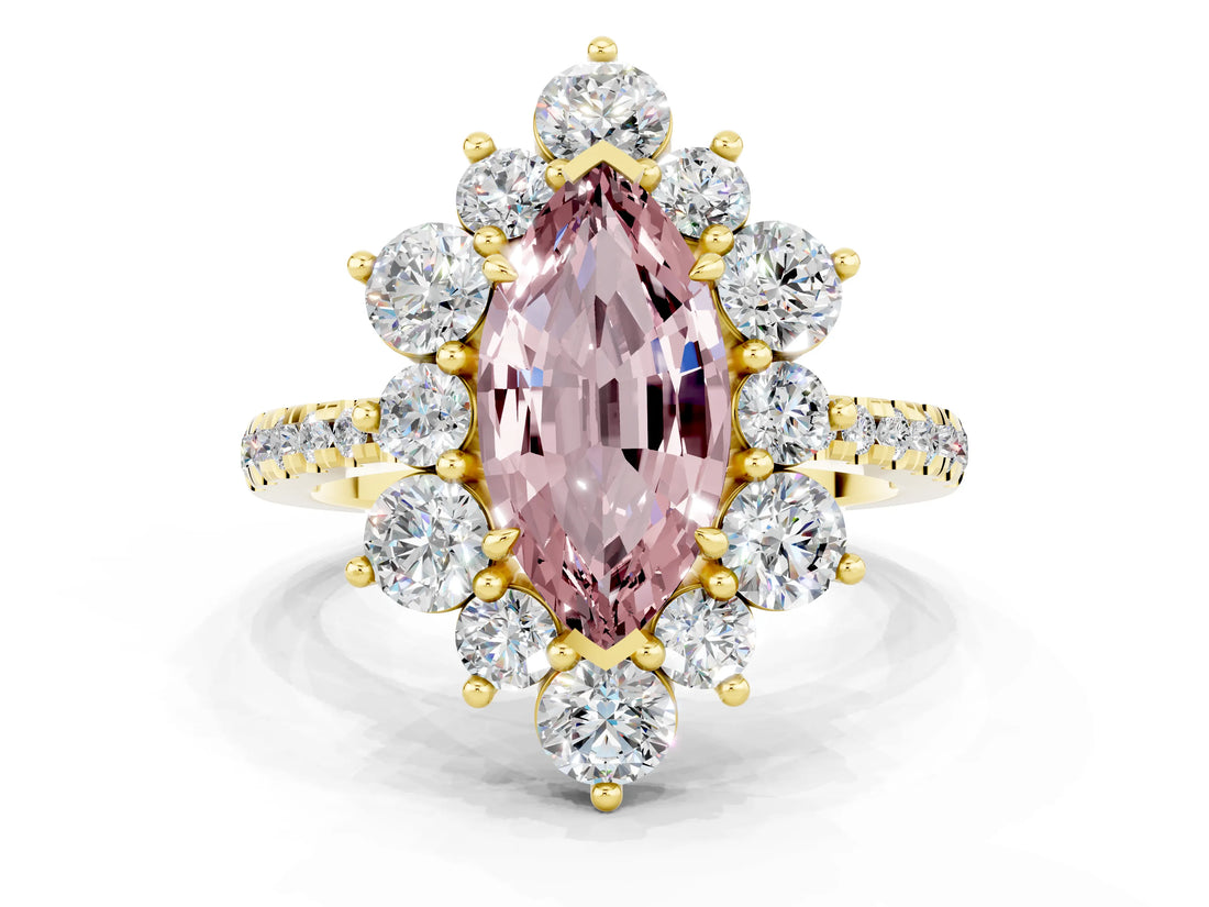 Yellow gold Marquise Cut Cut Diamond Floral Halo Pave Band with Prong Setting