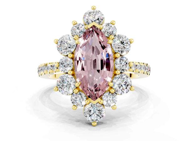 Yellow gold Marquise Cut Cut Diamond Floral Halo Pave Band with Prong Setting