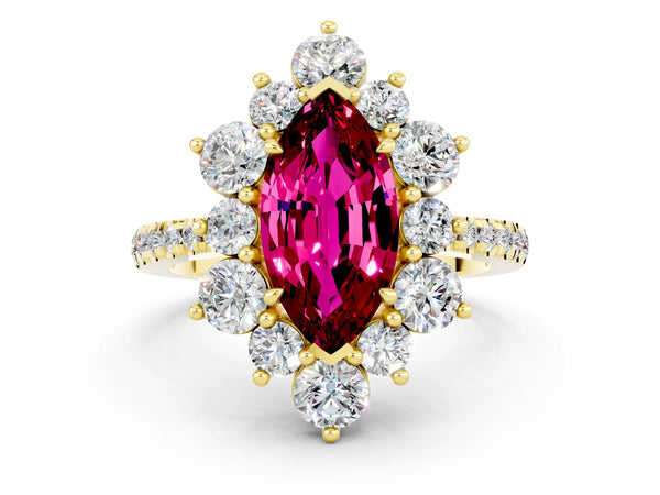 Yellow gold Marquise Cut Garnet Floral Halo Ring with Round Pavé Band and Prong Setting