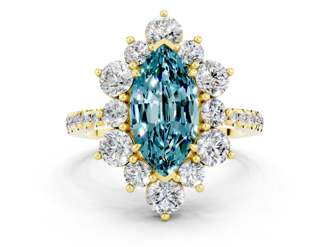 Yellow gold Marquise Cut Cut Diamond Floral Halo Pave Band with Prong Setting