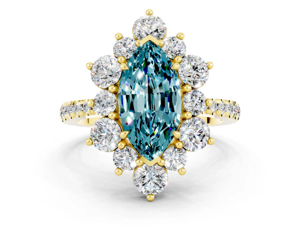 Yellow gold Marquise Cut Cut Diamond Floral Halo Pave Band with Prong Setting