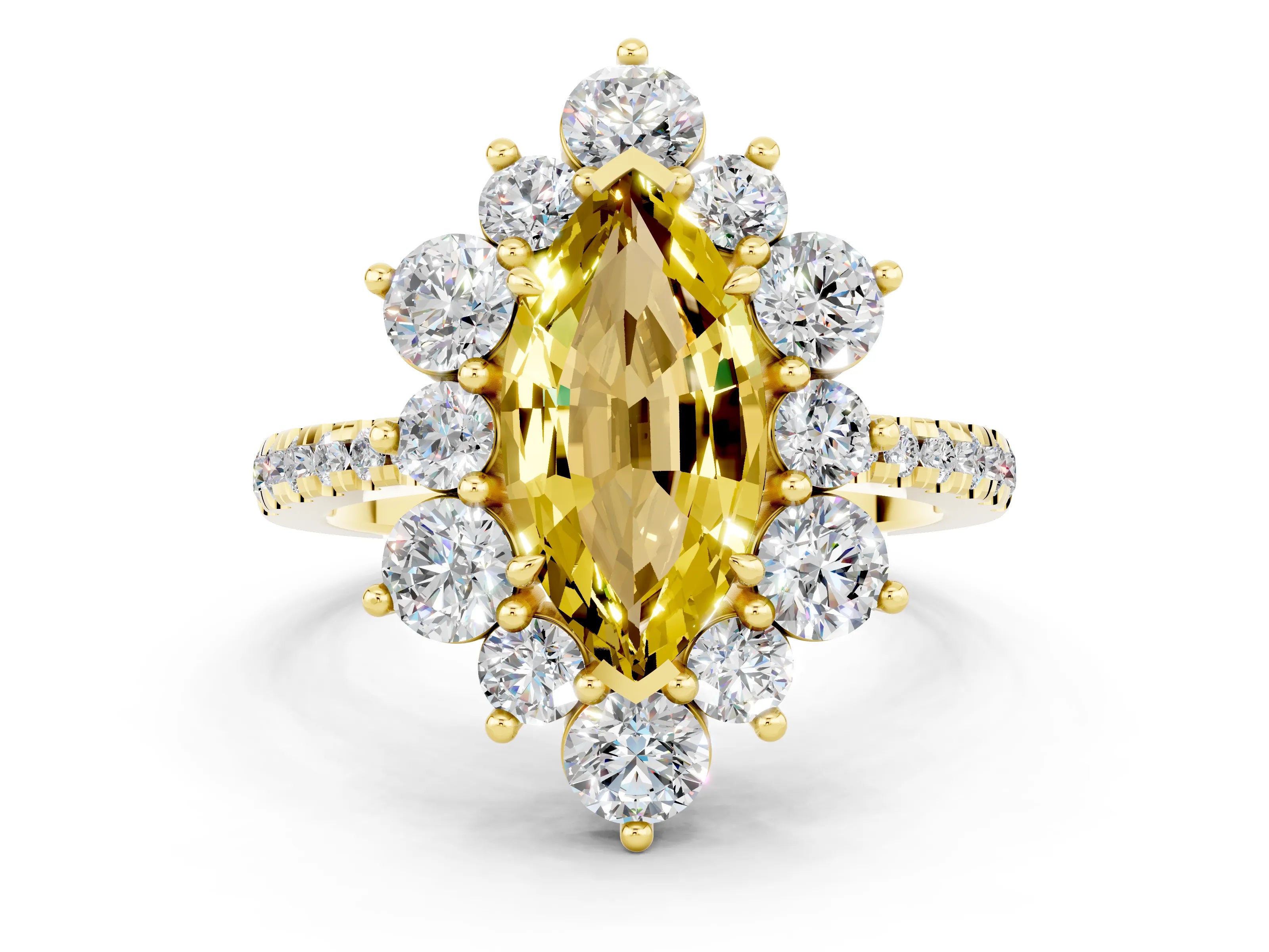 Yellow gold Marquise Cut Cut Diamond Floral Halo Pave Band with Prong Setting