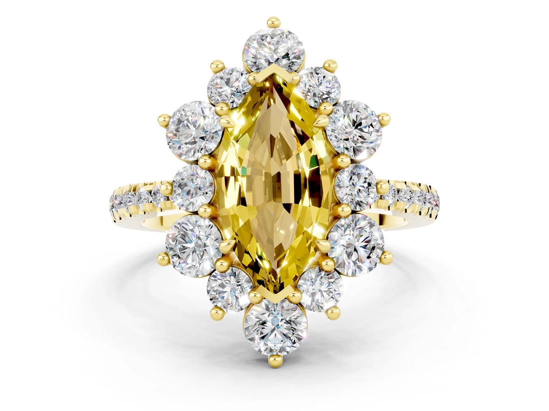 Yellow gold Marquise Cut Cut Diamond Floral Halo Pave Band with Prong Setting