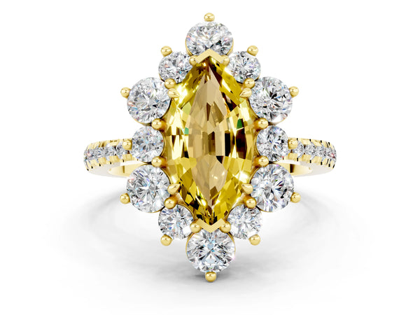 Yellow gold Marquise Cut Yellow Sapphire Floral Halo Ring with Round Pavé Band and Prong Setting
