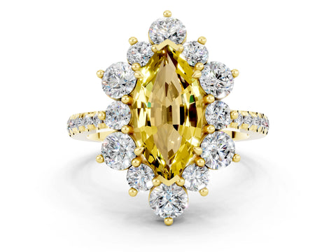 Yellow gold Marquise Cut Cut Diamond Floral Halo Pave Band with Prong Setting