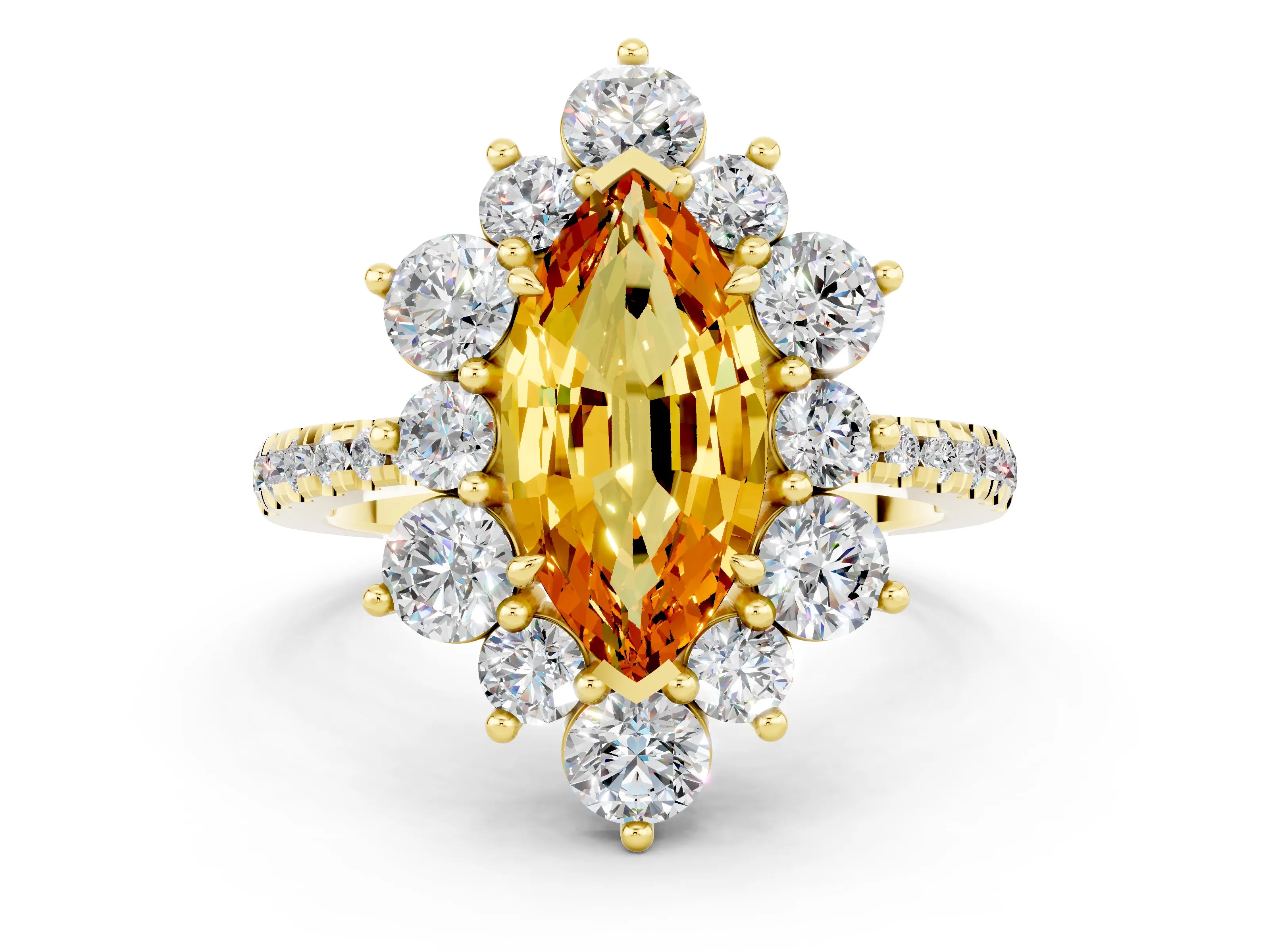 Yellow gold Marquise Cut Cut Diamond Floral Halo Pave Band with Prong Setting
