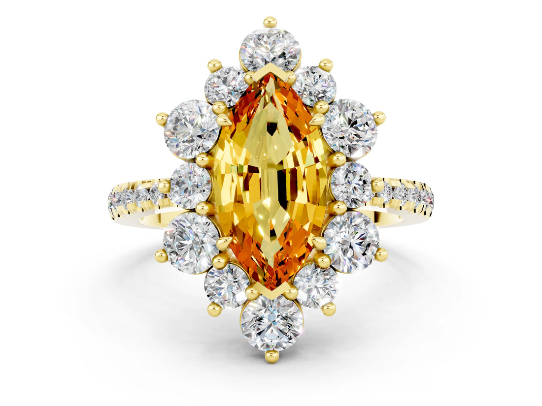 Yellow gold Marquise Cut Cut Diamond Floral Halo Pave Band with Prong Setting
