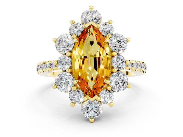 Yellow gold Marquise Cut Citrine Floral Halo Ring with Round Pavé Band and Prong Setting