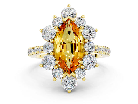 Yellow gold Marquise Cut Cut Diamond Floral Halo Pave Band with Prong Setting