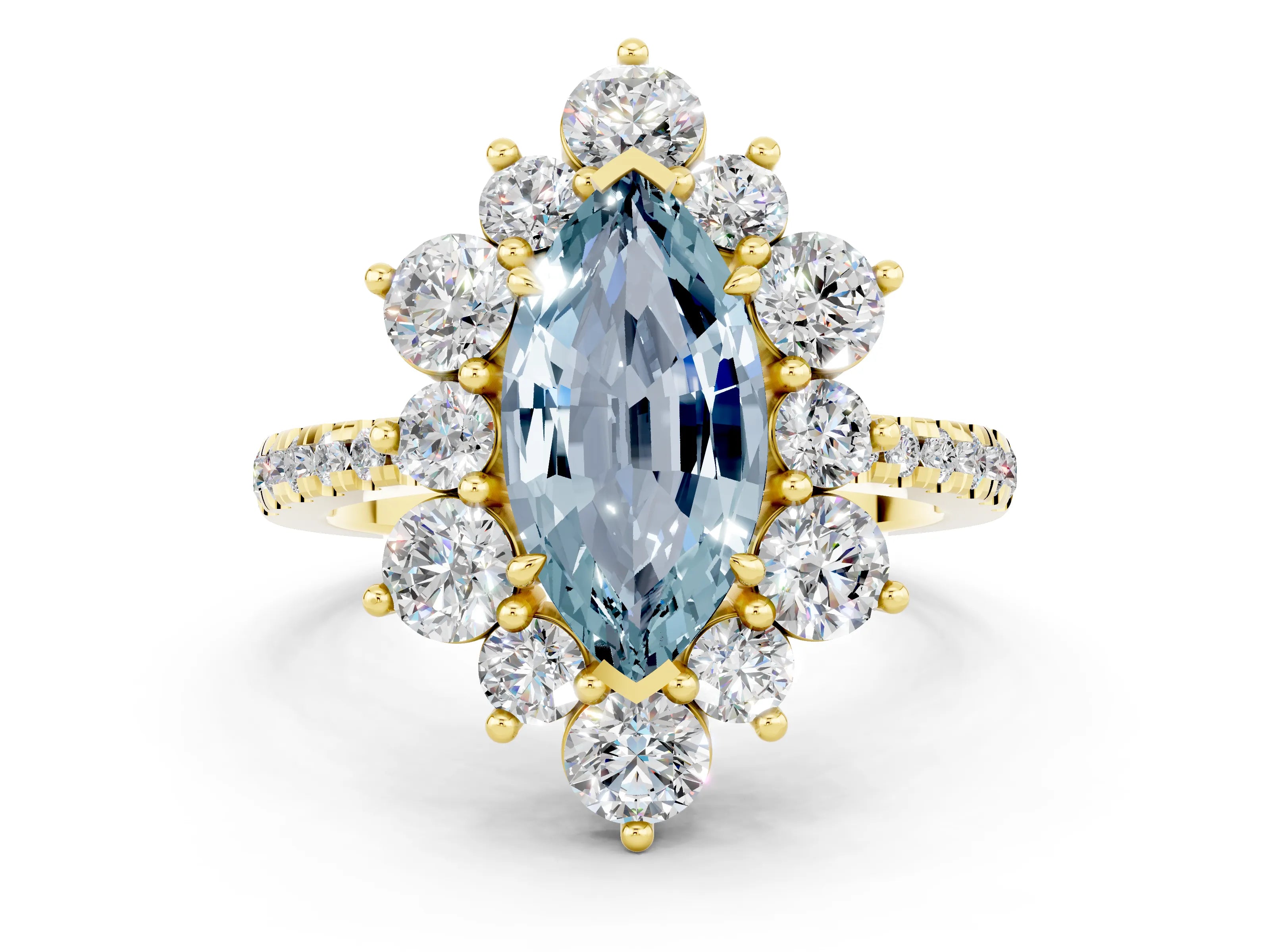 Yellow gold Marquise Cut Cut Diamond Floral Halo Pave Band with Prong Setting