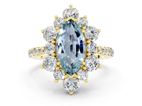 Yellow gold Marquise Cut Cut Diamond Floral Halo Pave Band with Prong Setting
