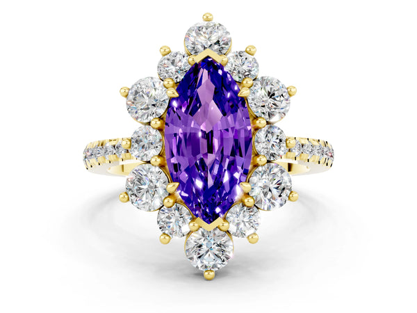 Yellow gold Marquise Cut Tanzanite Floral Halo Ring with Round Pavé Band and Prong Setting